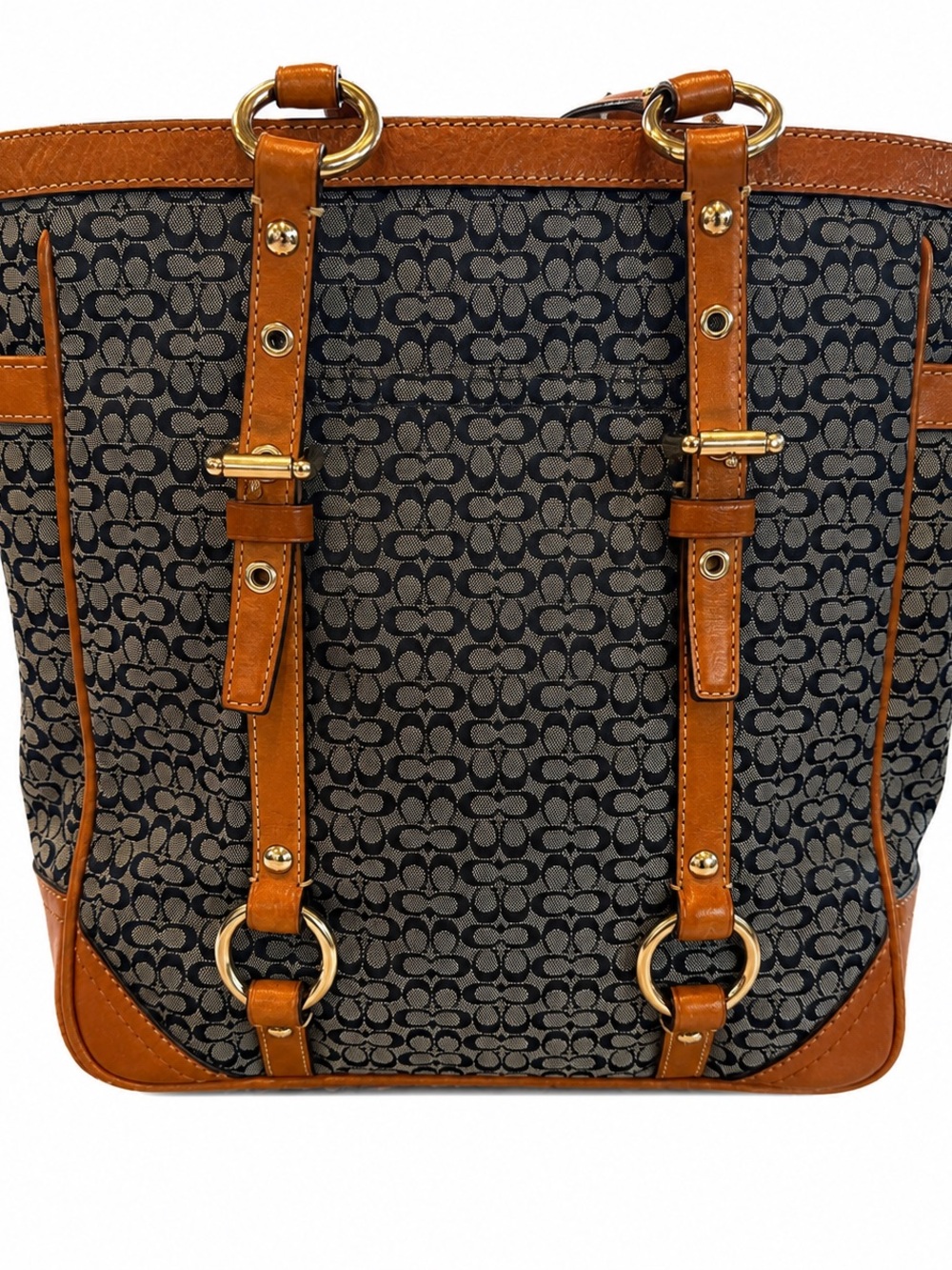 Coach Navy Signature Canvas Tote with Brown Leather Trim - Picture 2 of 8